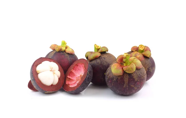 Queen of Thai fruit - Group of mangosteens and half piece on white background