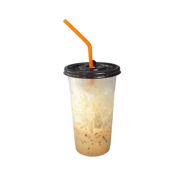 Ice Kávé Szalma Műanyag Pohárban Izolált — Stock Fotó