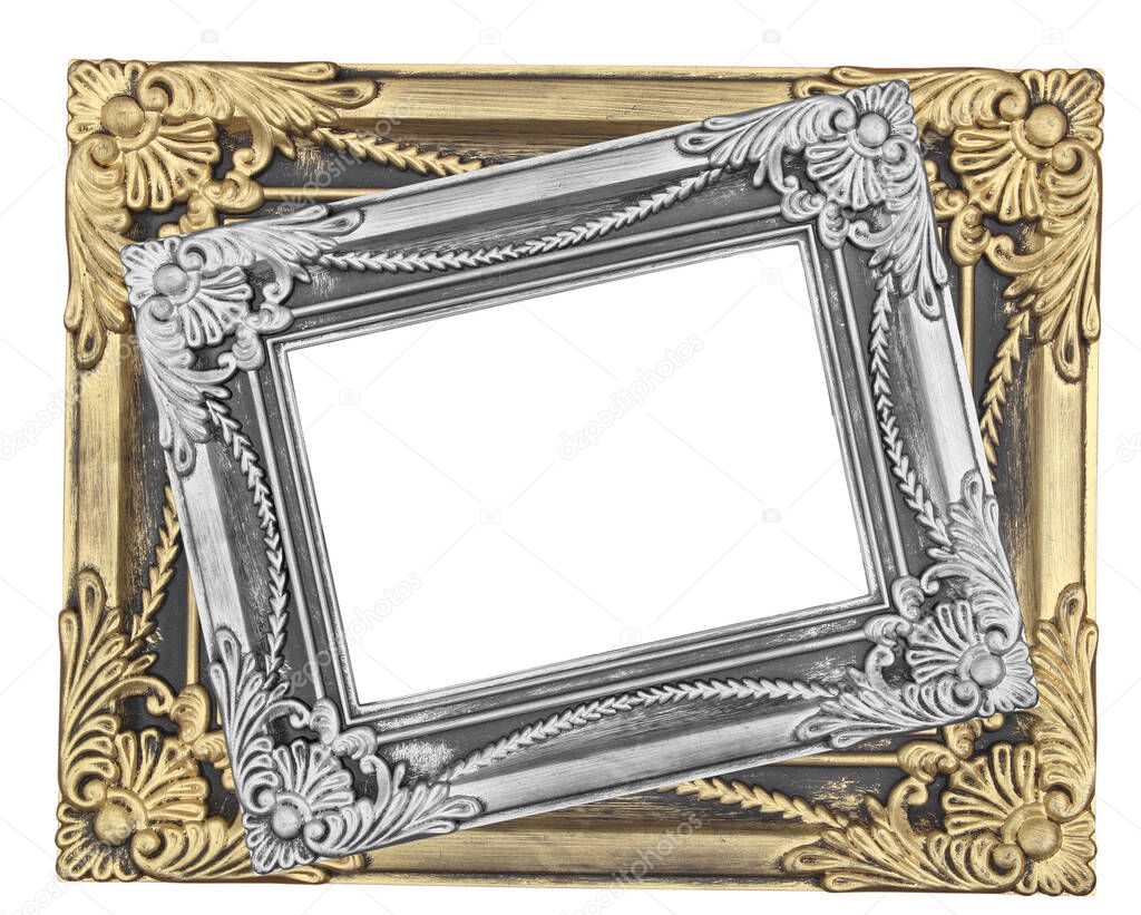 Gray and gold  picture frame with a decorative pattern on white background