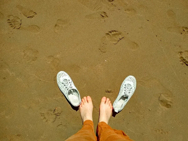 白色的拖鞋紧靠着赤脚的雌性脚踏在潮湿的黄沙上 顶部视图 — 图库照片