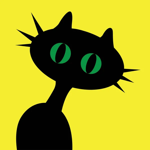 Black cartoon cat with green eyes on yellow — Stock Vector