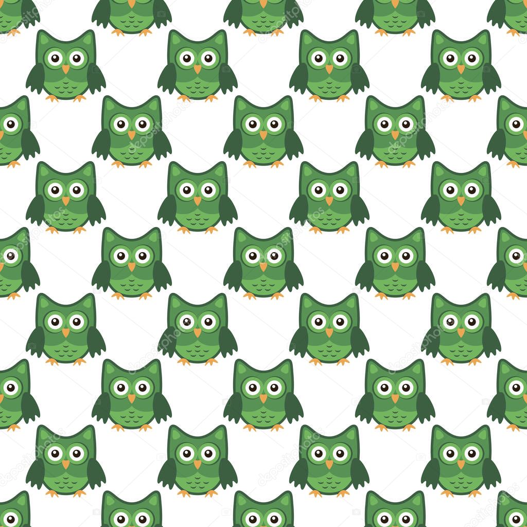 Owl stylized art seemless pattern green white colors. Vector illustration