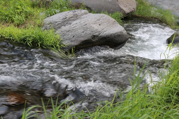 Low angle view from a wild flowing creek surrounded with stones and grass close to the waterfall from Kedung Kayang, Java, Indonesia — Stock Image Low Angle View Wild Flowing Creek Surrounded Stones Grass Close Royalty Free Stock Images