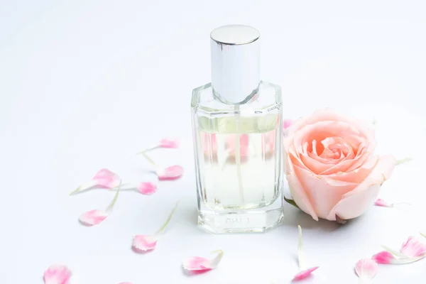 Prachtige Parfumflesjes Roos Witte Achtergrond — Stockfoto