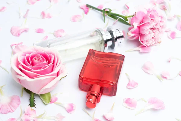 Beautiful Perfume Bottles Pink Background — Stock Photo, Image