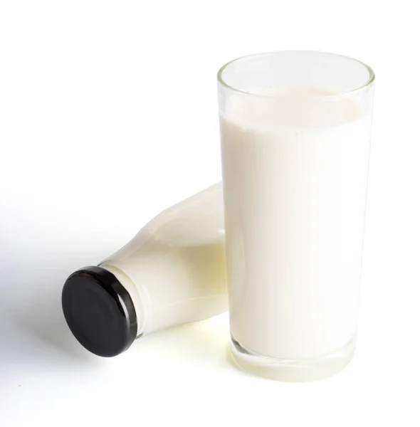 Молочна Пляшка Молочний Келих Білому Тлі — стокове фото