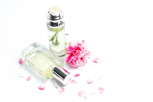 Piękne Butelki Perfum Różowe Goździki Białym Tle — Zdjęcie stockowe