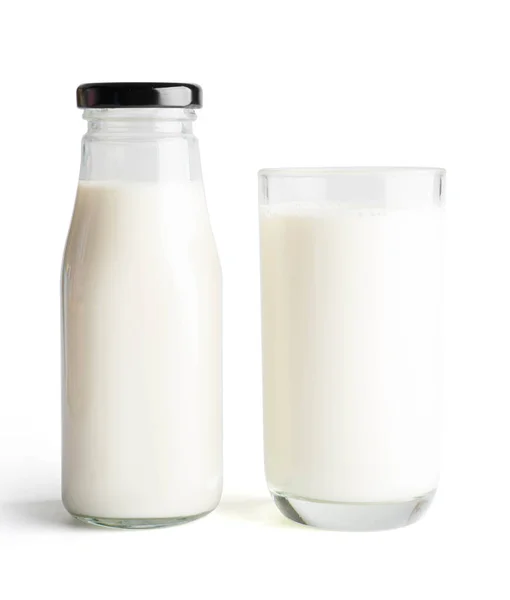 Süt Şişesi Beyaz Arka Plan Üzerinde Süt Cam — Stok fotoğraf