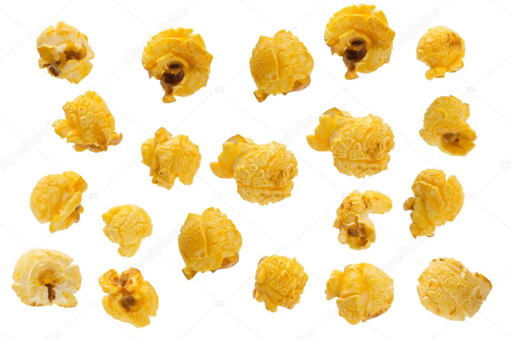 popcorn in the air over white background