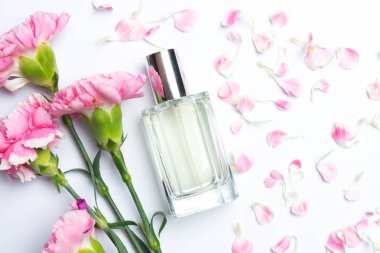 Güzel parfüm şişeleri ve beyaz arka planda pembe karanfiller.
