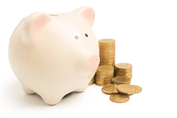 Piggy Bank Geld Toren Geïsoleerd Witte Achtergrond — Stockfoto