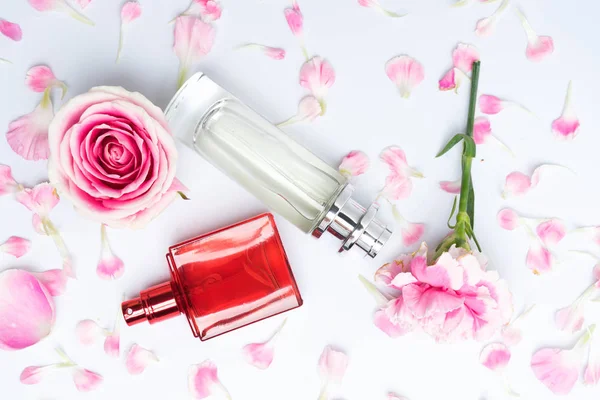 Hermosas Botellas Perfume Sobre Fondo Rosa — Foto de Stock