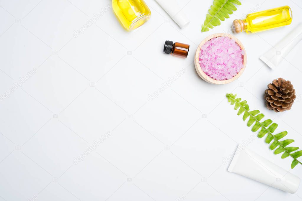 scrubs with natural ingredients leaves on white background