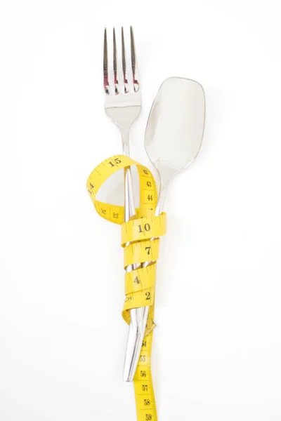 Cuchara Tenedor Con Una Dieta Cinta Métrica Concepto Alimentación Saludable —  Fotos de Stock