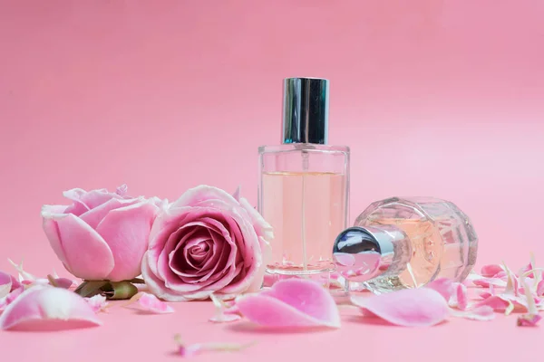 Frascos de perfume y rosa sobre fondo rosa —  Fotos de Stock
