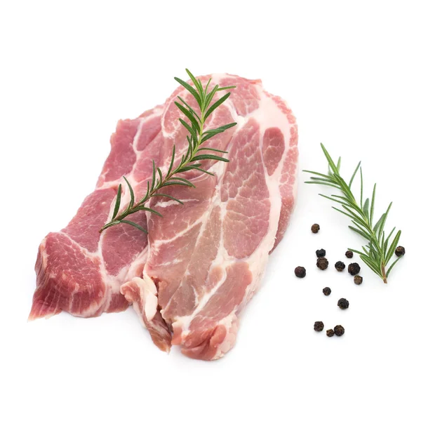 Resh raw pork neck meat pepper and rosemary isolated on white — Stock Photo, Image
