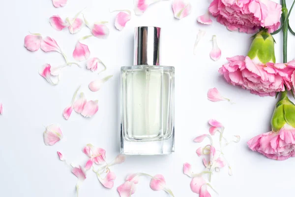 Frascos de perfume y claveles rosados sobre fondo blanco —  Fotos de Stock