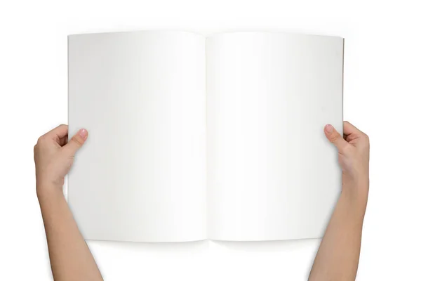 Mano che tiene libro su bianco — Foto Stock