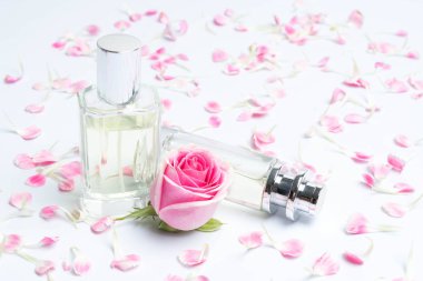 Parfüm şişeleri ve beyaz arka plan üzerinde gül
