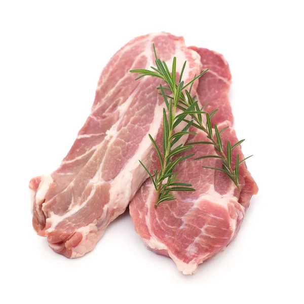 Resh raw pork neck meat pepper and rosemary isolated on white — Stock Photo, Image