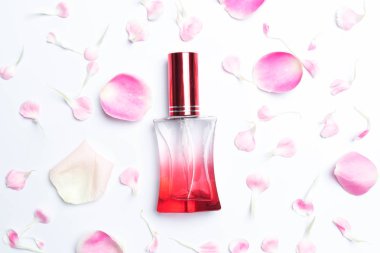 Parfüm şişeleri ve beyaz arka plan üzerinde gül