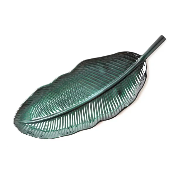 Empty green ceramic leaf dish on white — Stock Photo, Image