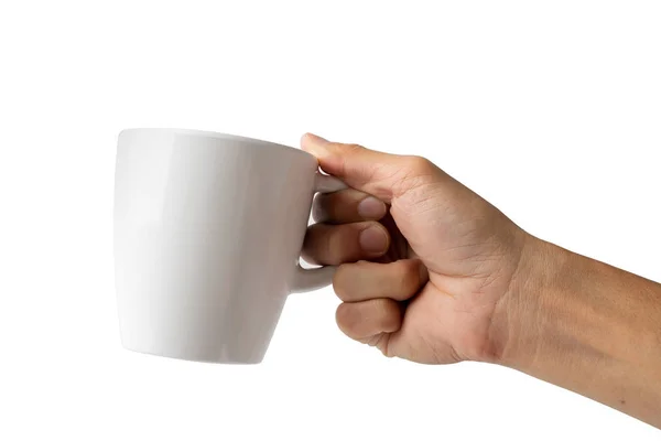 Hand holding cup on white — Stock Photo, Image