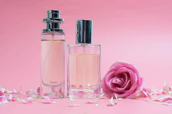 Parfémy a růže na růžovém pozadí — Stock fotografie
