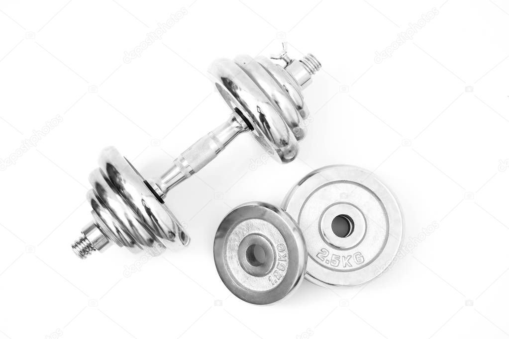 silver iron dumbbell isolated on white 