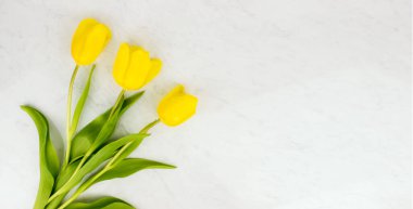 Sarı lale buketi mermer arka plan görünümünde ve fotokopi alanı ile düzdü. Bahar çiçekleri. 8 Mart, Paskalya Günü.