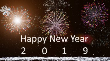 Mutlu yeni yıl 2019, kar ve yıldız parçacık, ışık ışın demeti ile havai fişek arka plan