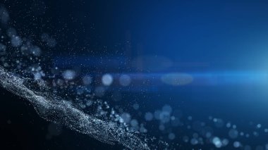 mavi arka plan, dijital imza ile dalga parçacıklar, ışıltı, peçe ve alan derinliği alanı. Beyaz ışık çizgiler parçacıklardır