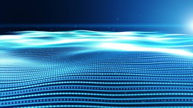 Dijital soyut parçacıklar kılavuz çizgileri, su beyaz mavi dalgalı dalga yüzey formu.