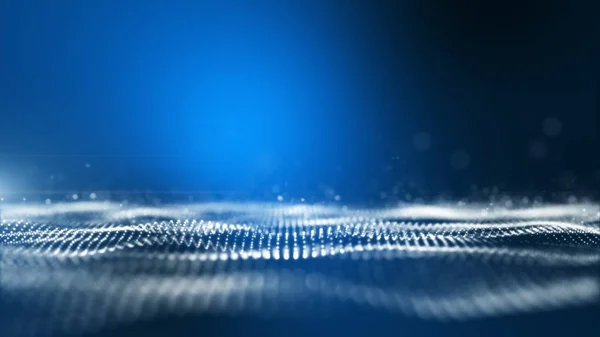 Blauer Digitaler Abstrakter Hintergrund Mit Wellenpartikeln Leuchtfunkeln Und Raum Mit — Stockfoto