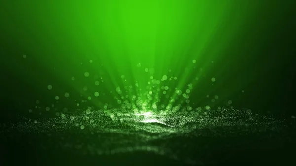 Green particle background, digital signature with wave particles rise up, space with depth of field. The particles light beam