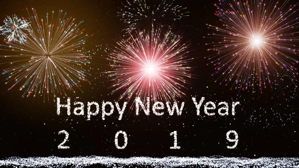 幸福な新しい年 2019 雪と星の粒子 光線ビームと花火の背景 — ストック写真