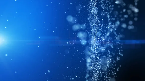 blue background, digital signature with wave particles, sparkle, veil and space with depth of field. The particles are white light lines