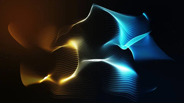 Las Partículas Abstractas Digitales Forman Líneas Cuadrícula Superficie Dorada Azul — Foto de Stock