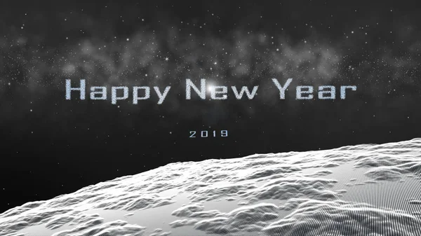 Digital abstract particles form grid lines, Fly over snow white landscape surface, space nebula starfield background, The particle merges into a Happy new year 201