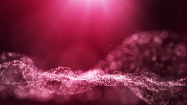 black background, digital signature with wave white-pink particles, sparkle, veil and space with depth of field. The particles are pink light lines