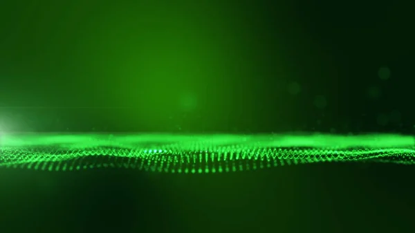 Yeşil dijital arka plan dalga parçacıkları, kızdırma spar ile — Stok fotoğraf