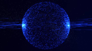 Koyu mavi arka planda bir dairesel hareket, patlama ışık ışını ışını parlar küçük bir mavi toz parçacık vardır.