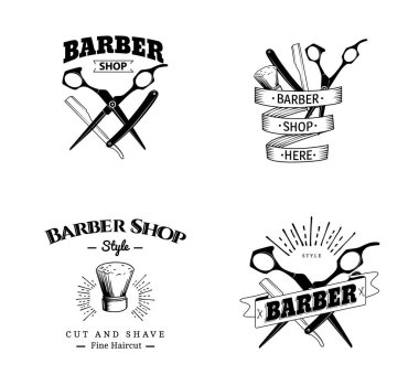 Retro kuaför dükkanı etiketleri, logo, rozetleri ve tasarım öğesi vektör kümesi.