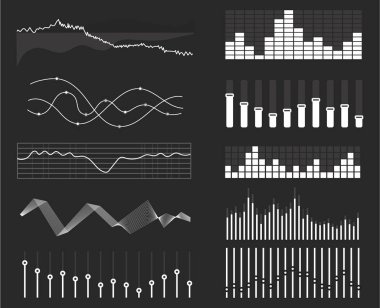 Vektör müzik ses dalgaları ayarlandı. Ses dijital dengeleyici teknolojisi, konsol paneli, nabız müzikali.