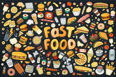 Vektör çizim karikatür tarzı kümesi. Fast food nesneler. Bu toplama dahil hamburger, yemek, hamburger, patates kızartması, Barbekü, içecekler ve diğer öğeleri.