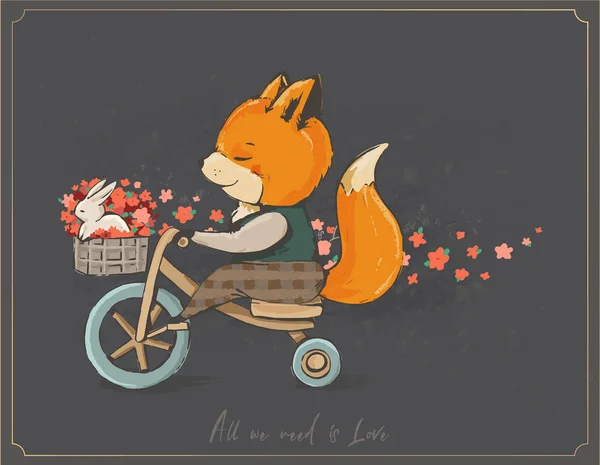 自行车上的可爱狐狸 — 图库矢量图片
