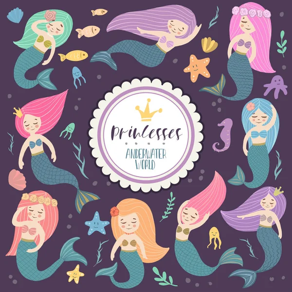 Beautiful and cute mermaids. — Stock Vector