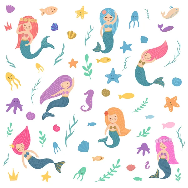 Beautiful and cute mermaids. — Stock Vector