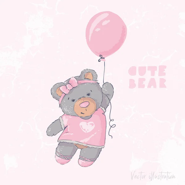 Urso bonito voando com um balão — Vetor de Stock