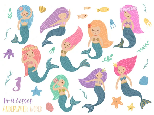 Beautiful and cute mermaids. — Stock Vector